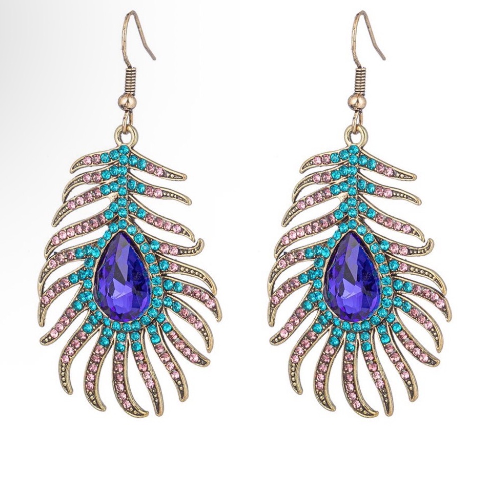 Gold-Tone Peacock Teardrop Dangle Earrings with Purple and Turquoise Crystals